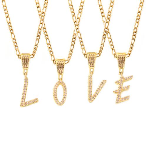 Titanium Steel Necklace, with Brass, with 5cm extender chain, Alphabet Letter, gold color plated, fashion jewelry & micro pave cubic zirconia & for woman, Length:Approx 40 cm, Sold By PC