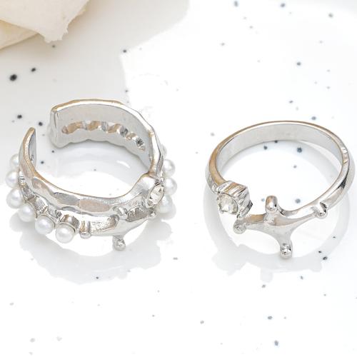 Juego de anillos de aleación de zinc, con Perlas plásticas, 2 piezas & diferentes estilos para la opción & micro arcilla de zirconia cúbica & para mujer, color original, Vendido por Set