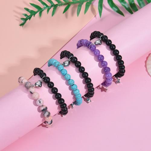 Gemstone Bracelets 304 Stainless Steel with Magnet & Howlite & Abrazine Stone & Elastic Thread Vacuum Ion Plating  & for couple Sold By PC