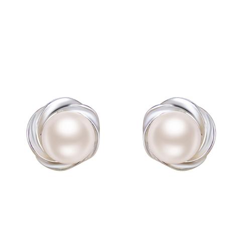 925 Sterling Silver Stud Earrings, with Freshwater Pearl, for woman, silver color, Sold By Pair