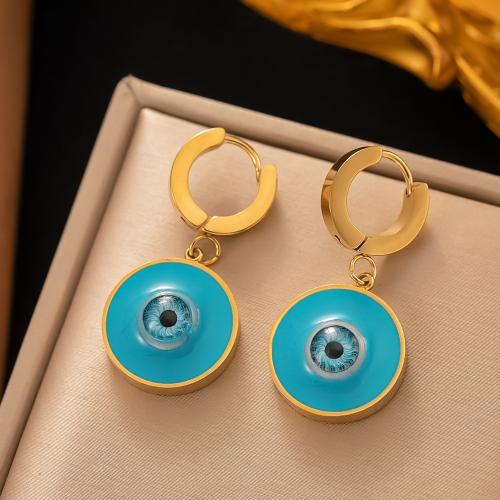 Acier titane Boucles d'oreilles pendantes Hoop Huggie, avec résine, Rond, Placage de couleur d'or, styles différents pour le choix & pour femme & émail, 50mm, Vendu par paire