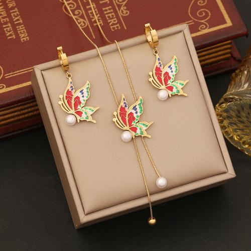 304 Stainless Steel Jewelry Set, with Plastic Pearl, Butterfly, gold color plated, different styles for choice & for woman & enamel, Sold By PC