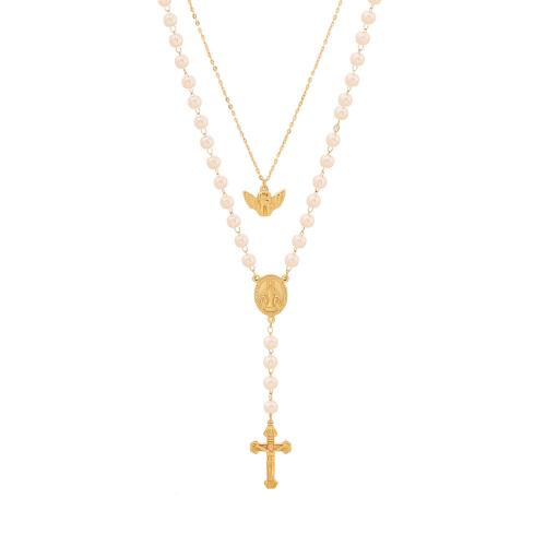 304 Stainless Steel Necklace, with Plastic Pearl, with 2inch extender chain, Angel, gold color plated, different styles for choice & for woman & with rhinestone, Length:Approx 15.7 Inch, Sold By PC