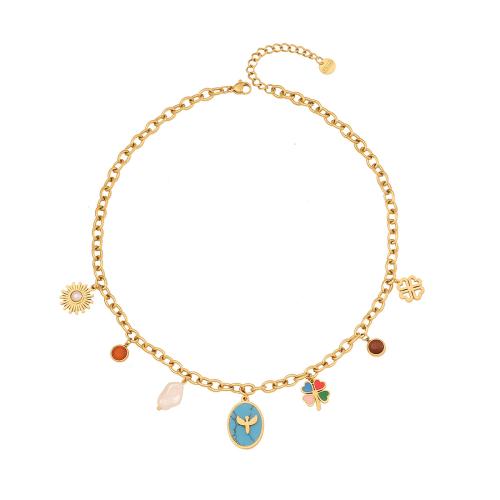 304 Stainless Steel Necklace with turquoise gold color plated & for woman & enamel & with rhinestone Sold By PC