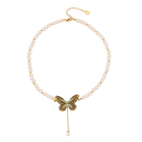 Acier inoxydable 304 parure de bijoux, avec perle de plastique, papillon, Placage de couleur d'or, styles différents pour le choix & pour femme & émail, Vendu par PC