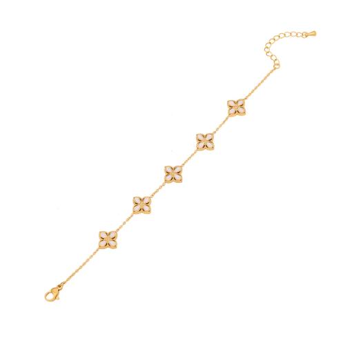 304 Stainless Steel Bracelet, with Plastic Pearl, with 1.6inch extender chain, Flower, gold color plated, different styles for choice & micro pave cubic zirconia & for woman, Length:Approx 6.7 Inch, Sold By PC