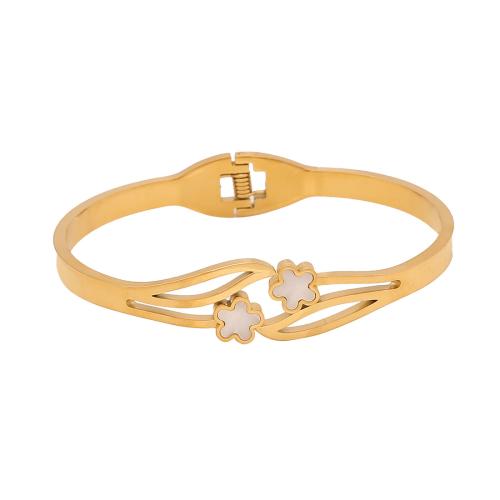 acero inoxidable 304 Brazalete, con resina, chapado en color dorado, diferentes estilos para la opción & para mujer & con diamantes de imitación, diámetro interior:aproximado 65x55mm, Vendido por UD