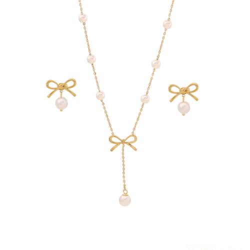 304 Stainless Steel Jewelry Set with Plastic Pearl Bowknot gold color plated & for woman Sold By PC