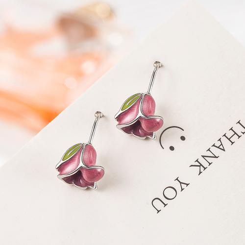 Pendientes de Gota en Latón, metal, Tulipán, Joyería & para mujer & esmalte, Rosado, 22mm, Vendido por Par