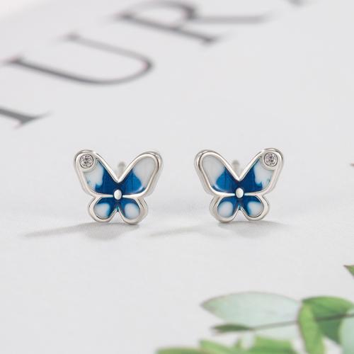 Latão Brinco, cobre, Borboleta, joias de moda & para mulher, azul, 9x11mm, vendido por par