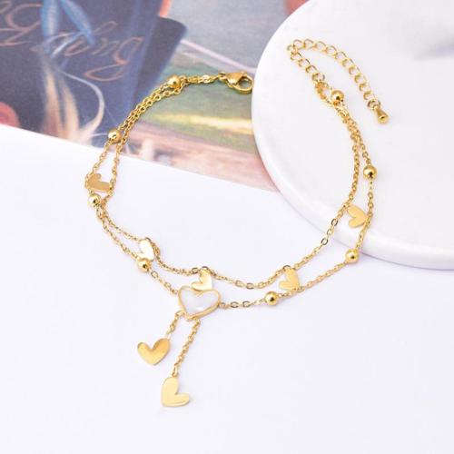 Fashion Jewelry Anklet, Titanium Steel, with White Shell, with 5cm extender chain, Double Layer & for woman, more colors for choice, Length:Approx 21 cm, Sold By PC