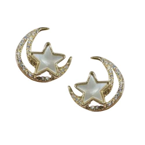 Brass Stud Earring, Moon and Star, fashion jewelry & for woman & with rhinestone, golden, 13x13mm, Sold By Pair