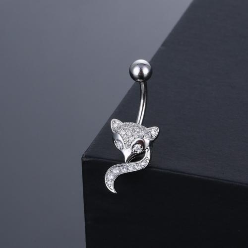 Brass Belly Ring  , with 316 Stainless Steel, Fox, Unisex & micro pave cubic zirconia, original color, 30mm, Sold By PC