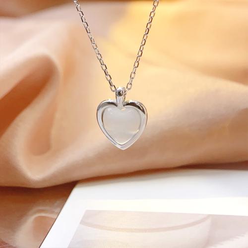 925 Sterling Silver Necklaces with Cats Eye Heart fashion jewelry & for woman Length Approx 45 cm Sold By PC