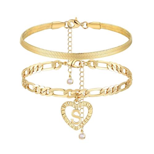 Anklet de acero inoxidable, acero inoxidable 304, Carta del alfabeto, chapado en color dorado, diferentes patrones para la opción & para mujer & con diamantes de imitación, más colores para la opción, longitud:14 cm, Vendido por Set