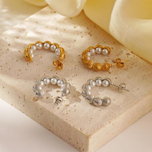 Stainless Steel Stud Earrings 304 Stainless Steel with Plastic Pearl plated for woman Sold By Pair