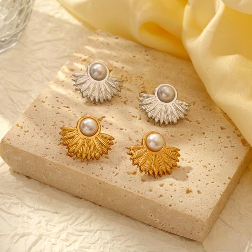 Stainless Steel Stud Earrings 304 Stainless Steel with Plastic Pearl plated for woman Sold By Pair