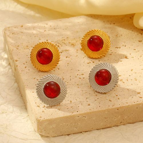 Stainless Steel Stud Earrings 304 Stainless Steel with Resin Round plated for woman Sold By Pair