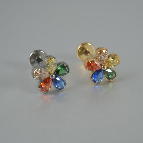 Titanium Stud Earring Flower plated fashion jewelry & micro pave cubic zirconia 7mm Sold By Bag