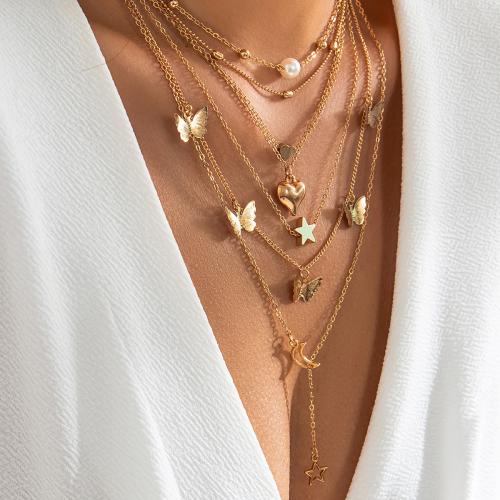 Zinc Alloy smykker halskæde, med Plastic Pearl, forgyldt, 6 stykker & mode smykker, flere farver til valg, nikkel, bly & cadmium fri, Solgt af sæt