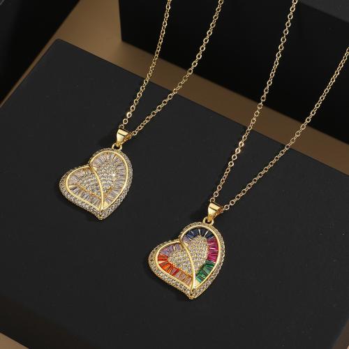 Cubic Zircon Micro Pave Brass Necklace with 5cm extender chain Heart gold color plated fashion jewelry & micro pave cubic zirconia gold nickel lead & cadmium free Length 45 cm Sold By PC