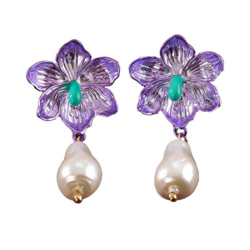 Tibetan Style Stud Earring, with Plastic Pearl, petals, plated, for woman & enamel, purple, Sold By Pair