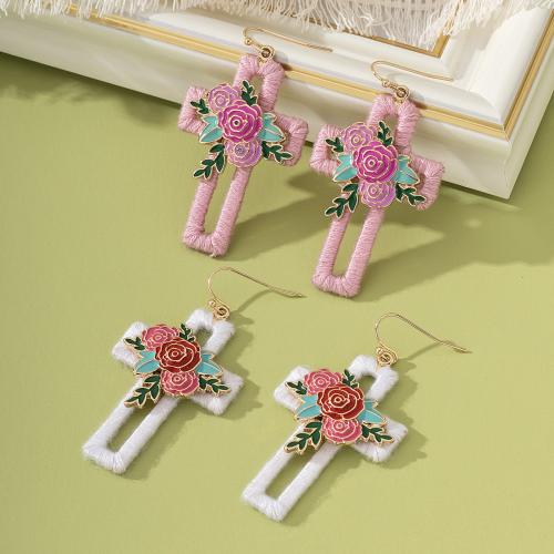 Tibetan Style Drop Earrings, with Cotton Thread, Cross, handmade, for woman & enamel, more colors for choice, Sold By Pair