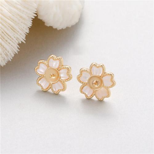 Brass Earring Stud Component with White Shell plated DIY & micro pave cubic zirconia Sold By Pair