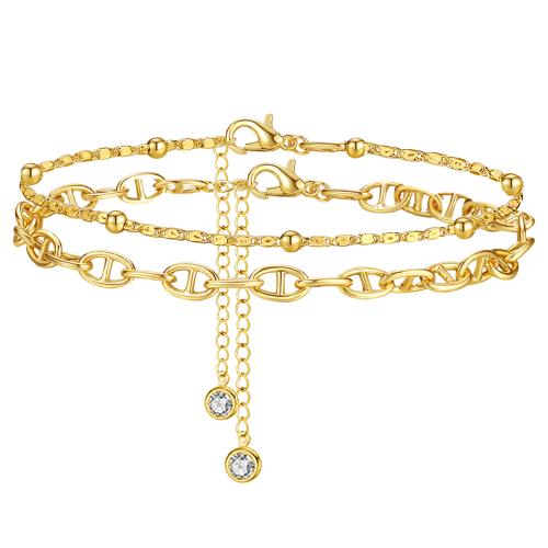 Brass Anklet, plated, Double Layer & for woman & with rhinestone, more colors for choice, nickel, lead & cadmium free, Length:17 cm, Sold By PC