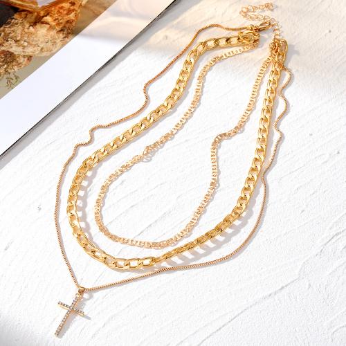 Zinc Alloy Necklace Cross gold color plated three layers & for woman & with rhinestone Approx 2mm Sold By PC