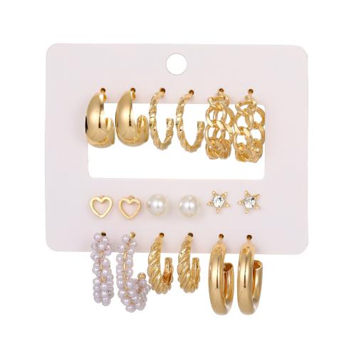 Tibetan Style Earring Set, with Plastic Pearl, gold color plated, for woman & with rhinestone & hollow, Sold By Set