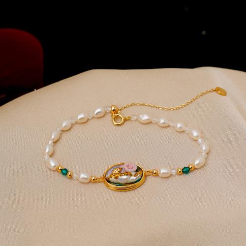 Brass Bracelet & Bangle with Freshwater Pearl & Crystal 18K gold plated fashion jewelry & for woman golden Length Approx 22 cm Sold By PC