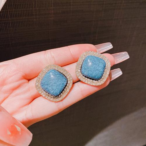 Tibetan Style Stud Earring, fashion jewelry & for woman & with rhinestone, more colors for choice, 25x25mm, Sold By Pair