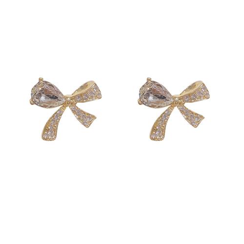 Lo zinco in lega Stud Earring, lega in zinco, Nodo di Cravatta, gioielli di moda & Micro spianare cubic zirconia & per la donna, dorato, 18x17mm, Venduto da coppia