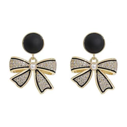 Boucle d'oreille dormeuse en alliage de zinc, Noeud papillon, bijoux de mode & pour femme & avec strass, doré, 25x18mm, Vendu par paire