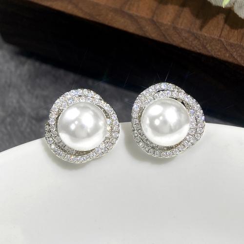 Cubic Zirconia Micro Pave Brass Earring, with Plastic Pearl, fashion jewelry & micro pave cubic zirconia & for woman, more colors for choice, 14mm, Sold By Pair