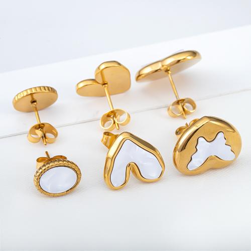 Stainless Steel Stud Earrings, 304 Stainless Steel, with Shell, different styles for choice & for woman, golden, 2PCs/Bag, Sold By Bag