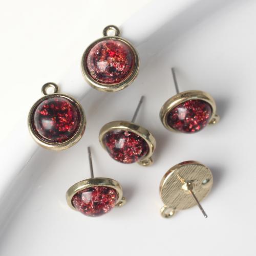 Apprêts pour boucles d'oreilles en alliage de zinc, avec résine, Rond, Placage de couleur d'or, DIY, rouge, protéger l'environnement, sans nickel, plomb et cadmium, 15x12mm, 100PC/sac, Vendu par sac