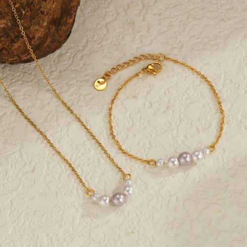 Fashion Stainless Steel Jewelry Sets 304 Stainless Steel with Plastic Pearl gold color plated fashion jewelry golden Sold By PC