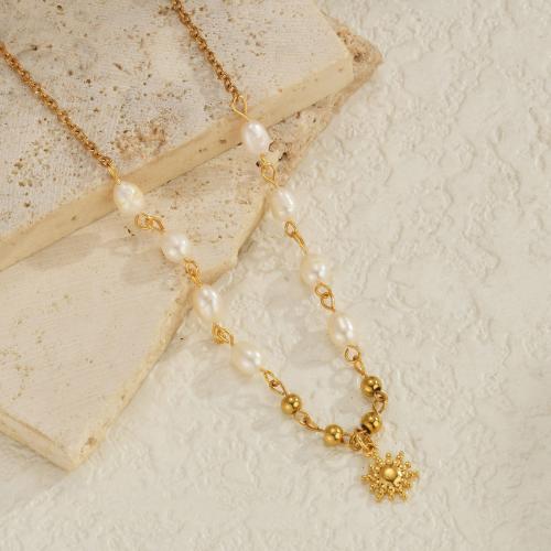 Stainless Steel Jewelry Necklace, 304 Stainless Steel, with ABS Plastic Pearl, with 5cm extender chain, gold color plated, fashion jewelry, golden, Length:43 cm, Sold By PC