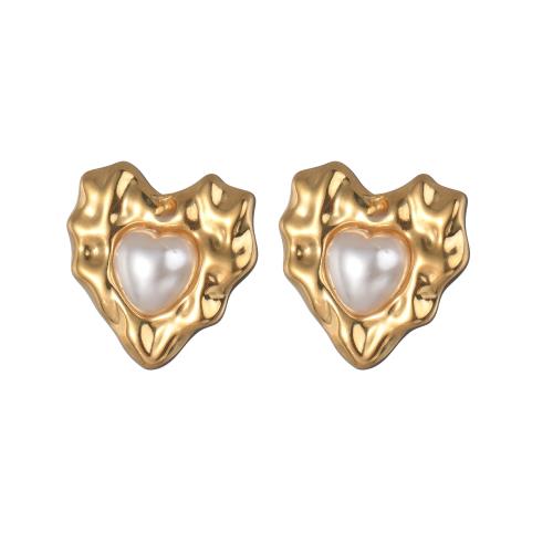 Stainless Steel Stud Earrings 304 Stainless Steel with Plastic Pearl Heart plated fashion jewelry Sold By Pair