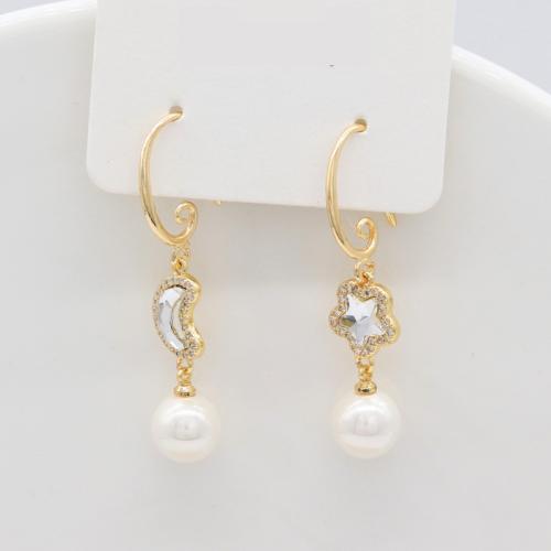 Brass Earring Drop Component, with Plastic Pearl, plated, different styles for choice & micro pave cubic zirconia, golden, Sold By Pair