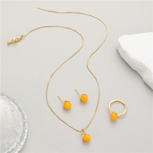 Brass Jewelry Set Stud Earring & finger ring & necklace with Beeswax plated for woman golden Sold By Set