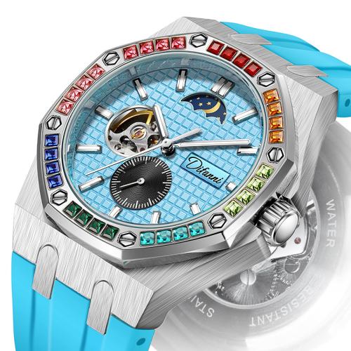 alliage de zinc bracelet de montre, avec verre & silicone & Acier inoxydable 304, Motif géométrique, Résistant à l’eau de vie & montre mécanique & pour homme & lumineux & avec strass, plus de couleurs à choisir, 250x43mm, Vendu par PC