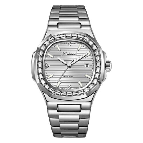 alliage de zinc bracelet de montre, avec Cuir & verre & Acier inoxydable 304, Motif géométrique, montre mécanique & avec un seul calendrier & styles différents pour le choix & pavé de micro zircon & pour homme & lumineux, 250x43mm, Vendu par PC