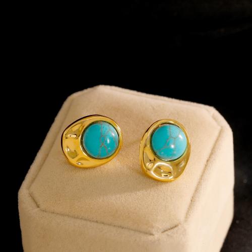 Brass Stud Earring, with Turquoise, 18K gold plated, fashion jewelry & for woman, golden, 17x14mm, Sold By Pair