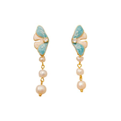 Boucles d'oreilles en laiton zircon cubique pavent, avec perle d'eau douce cultivée, Plaqué or 18K, bijoux de mode & pavé de micro zircon & pour femme & émail, doré, 50x12mm, Vendu par paire