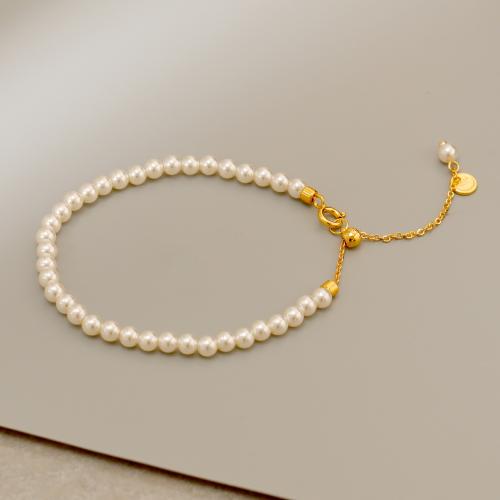 Brass Bracelet & Bangle, with Plastic Pearl, with 5cm extender chain, 18K gold plated, fashion jewelry & for woman, white, Length:Approx 15 cm, Sold By PC