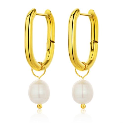 Stainless Steel Lever Back Earring, 304 Stainless Steel, with Plastic Pearl, fashion jewelry & different styles for choice & for woman, golden, 29mm, Sold By Pair