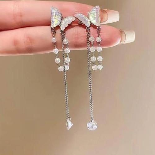 Zinc Alloy Earring Clip with Plastic Pearl fashion jewelry & for woman & with rhinestone silver color 70mm Sold By Pair